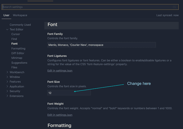 VSCode change font size settings